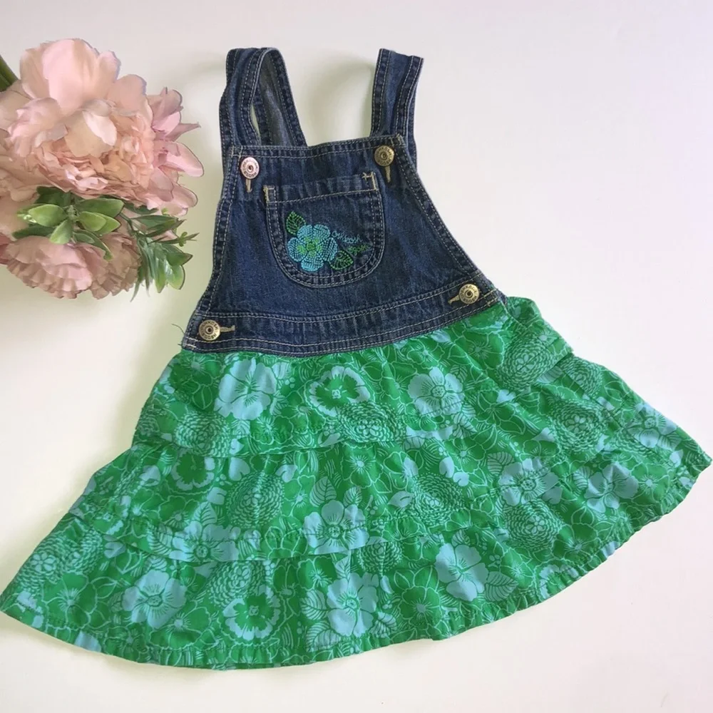 Oshkosh Denim Dress Hawaiian Girls Denim Overall Dress with Tropical Dress